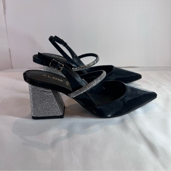 ***NWT***Aldo Heels- Black and Silver Women's Block Rhinestone Heel - Picture 2 of 13